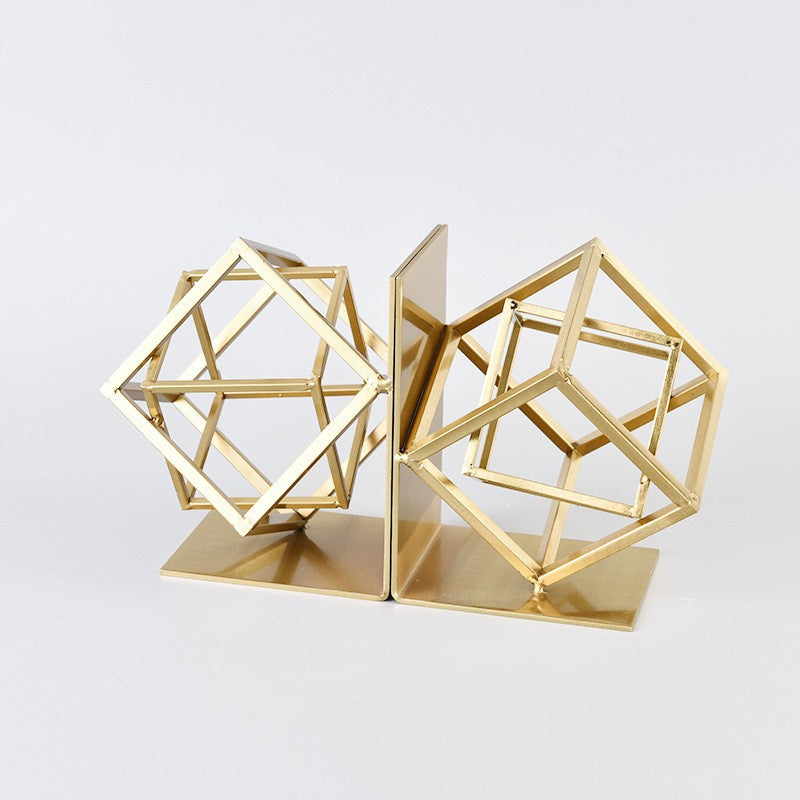 Geometric Metal Cube Bookends Pair — Size: A pair; Color: Gold