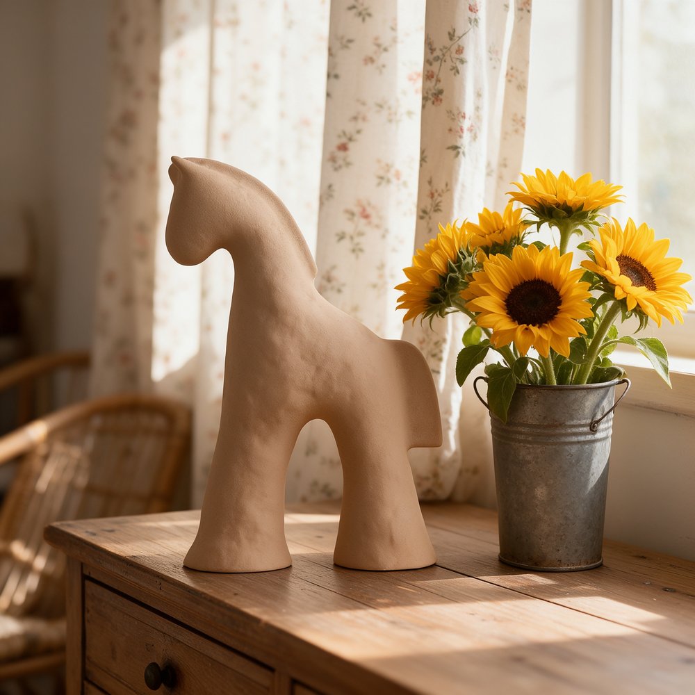 Dark khaki horse figurine pair styled beside a vase