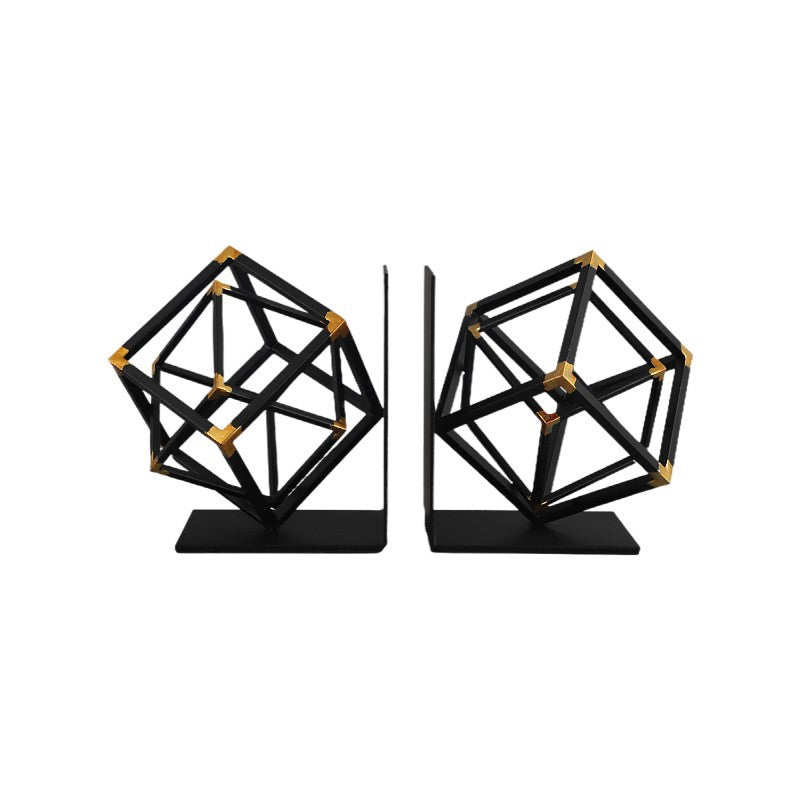 Geometric Metal Cube Bookends Pair — Size: A pair; Color: Black