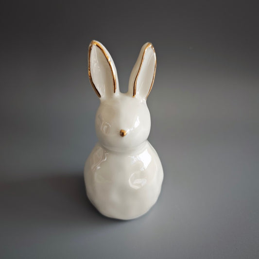 White Ceramic Rabbit Figurine with Gold Details