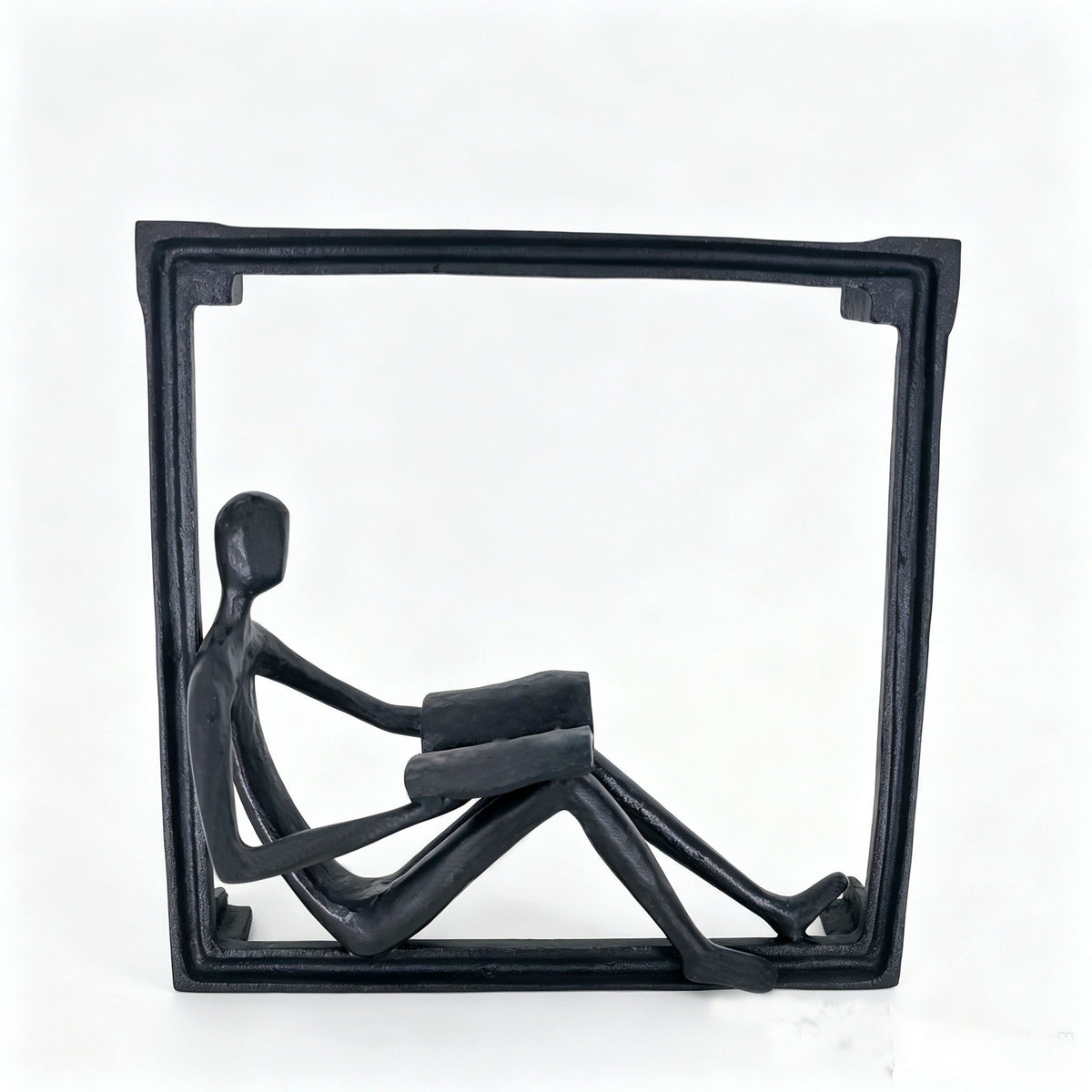 Cast Iron Abstract Reading Man Figurine in Square Frame