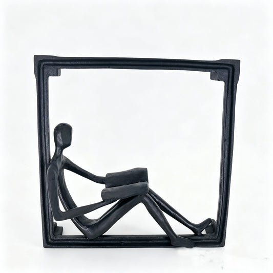Cast Iron Abstract Reading Man Figurine in Square Frame