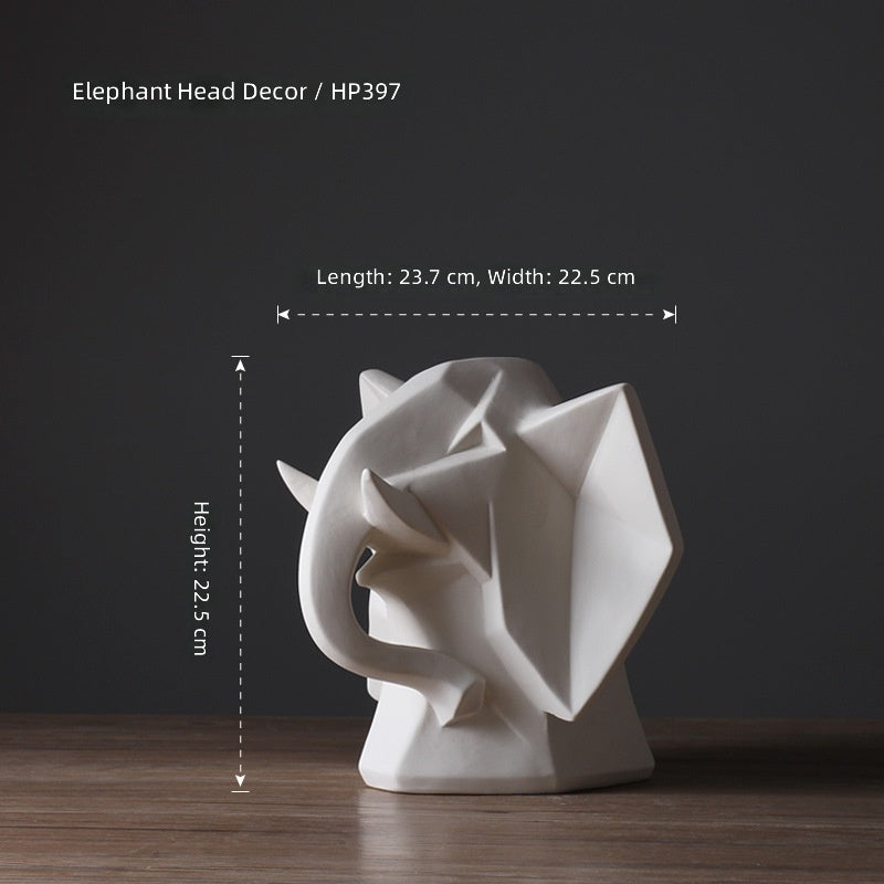 Matte White Ceramic Elephant Head Tabletop Sculpture