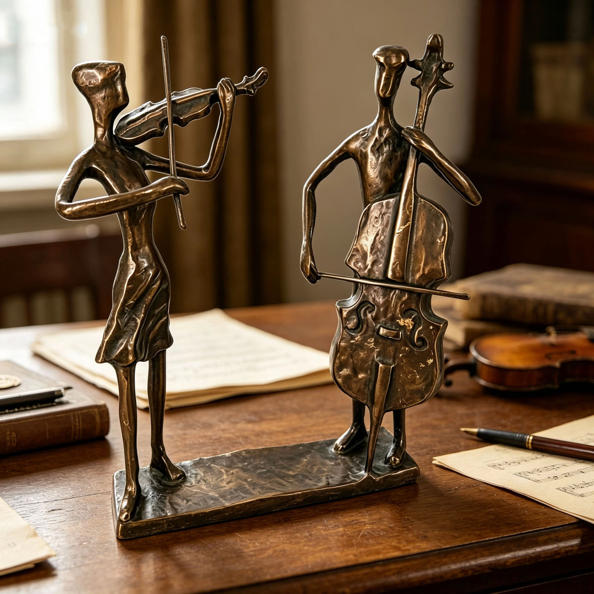 Iron Violin and Cello Musician Tabletop Sculpture