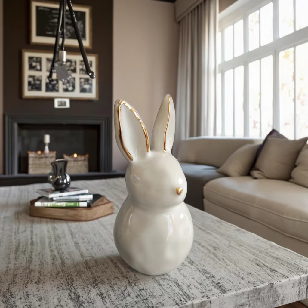White Ceramic Rabbit Figurine with Gold Details